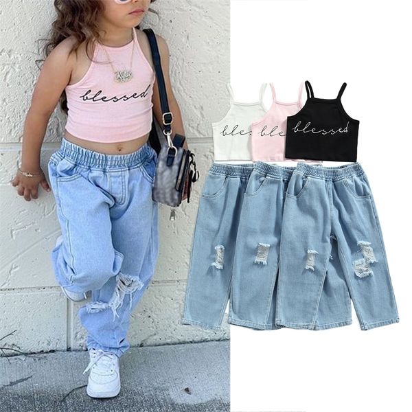 

toddler baby girls casual 2pcs outfits short letter print halter vest ripped jeans with pockets long pants infant kids clothes 220620, White