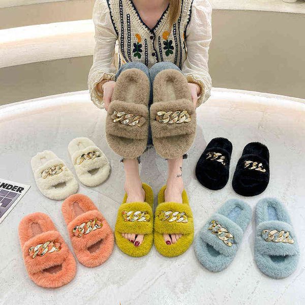 

slippers metal chain thick soled plush women's large size versatile flat heel warm women 220722, Black
