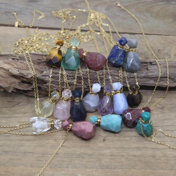 

pendant necklaces natural amazonite rhodonite perfume bottle pendants crystal quartz labradorite essential oil vial charm jewelry qc1024, Silver