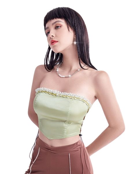 

lace frill trim lace up side tube i1d5#, White