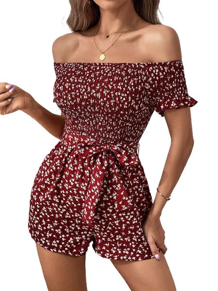 

ditsy floral print off shoulder shirred belted romper j128#, Black;white