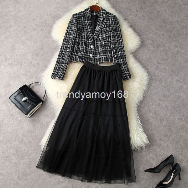 

women's two piece pants winter women's suit collar plaid tweed coat + elastic high waist mesh skirt 12724, White