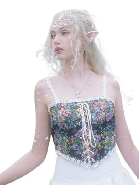 

romwe fairy grunge floral print lace up cami a7l4#, White