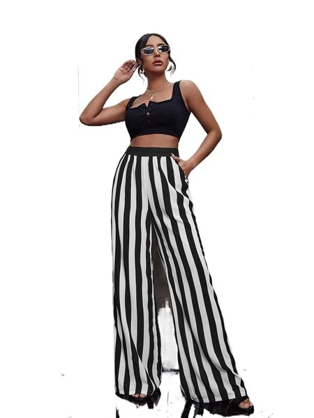 

striped wide leg pants c4e3#, Black;white