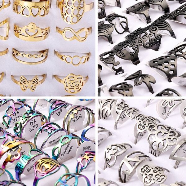 

bulk lots 40pcs new mix style teenage cut laser rings for women men butterfly heart flower lover couple wedding luxury gifts no fade jewelry, Silver