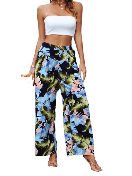 

tropical print wide leg pants s9fl#, Black;white