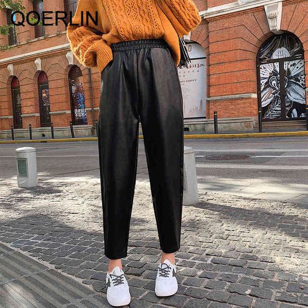 

qoerlin elastic waist pu leather pants women fall winter high waist loose cropped pants button fashion black leather trouser 210412, Black;white