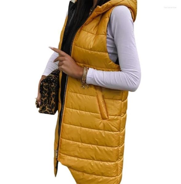 Gilet da donna Gilet in cotone autunno inverno Gilet da donna con cappuccio Gilet casual da donna Giacca lunga senza maniche da donna Slim Fit Cappotto imbottito caldo Luci22