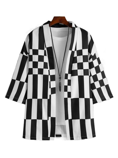

men 1pc random geo print drop shoulder kimono j7p3#, White;black