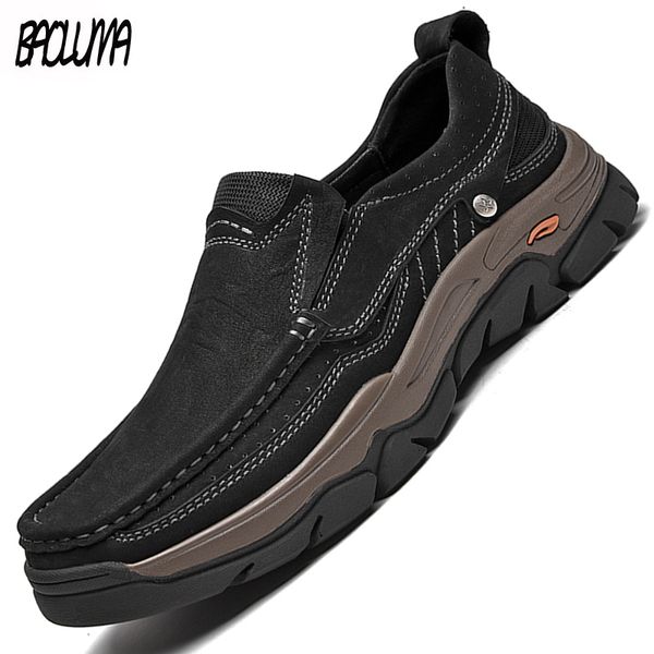 

brand real leather men s shoes outdoor loafers luxury soft driving platform handmade waterproof sneakers vip 220808, Black