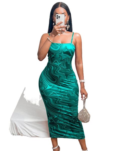 

sxy random all over print split back cami bodycon dress w7n9#, Black;gray