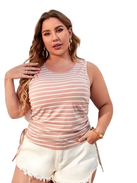 

plus striped knot side ruched tank f7ku#, Black