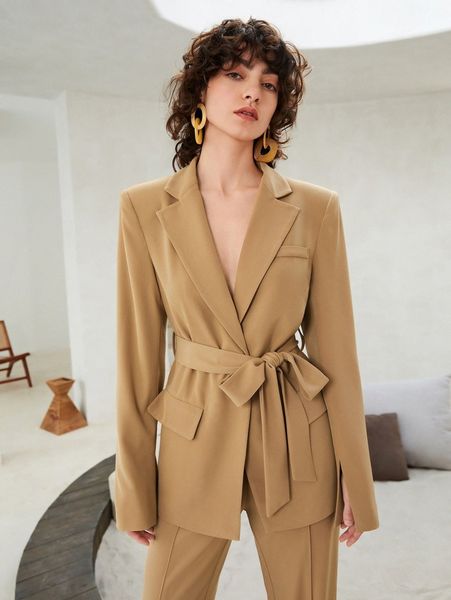 

single breasted flap detail belted blazer n52o#, White
