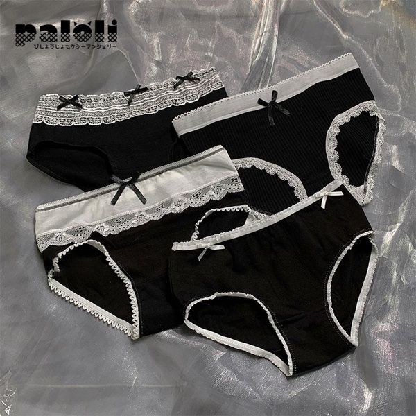

4pcs japanese lace bowknot panties girl fashion lingerie tempting briefs womens underpant low waist intimates underwear, Black;pink