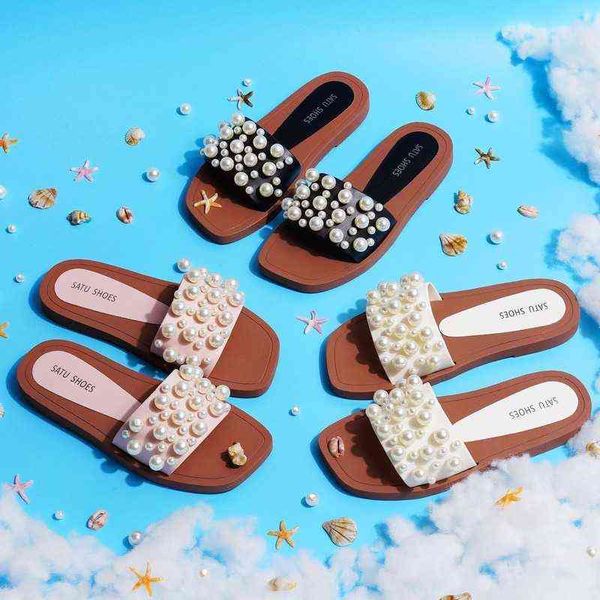 Chinelos Pérola Flats Mulheres Verão Praia Chinelos Sequare Toe Flip Flops Slides Sandálias Pu Couro Elegante Designer Sapatos 2022 Tendência Novo 220516