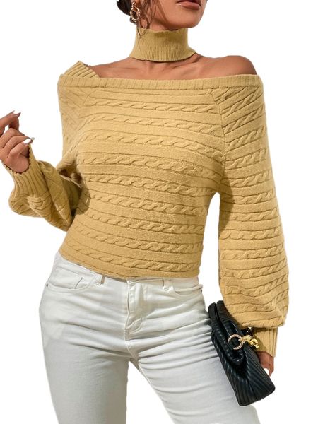 

cable knit off shoulder raglan sleeve sweater with choker z0pz#, White;black