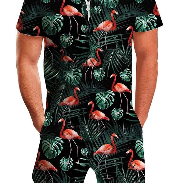 

men rompers short sleeve 1pc zipper romper beach casual cargo pants jumpsuit overall shirt t shirt shorts set lj201125, Gray