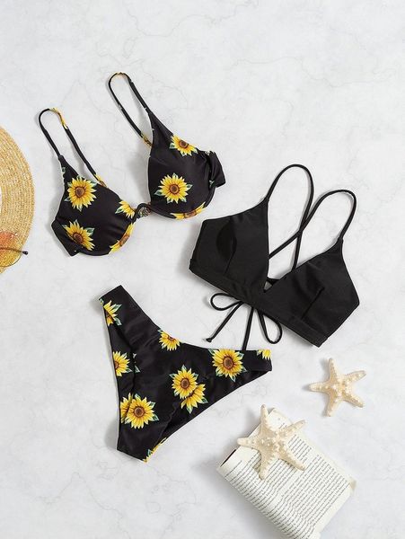 

3pack sunflower print underwire bikini swimsuit & bikini d81p#, White;black