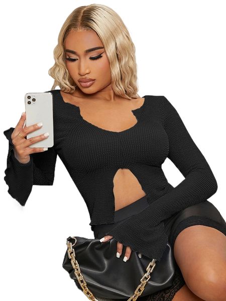 

sxy flounce sleeve lettuce trim slit hem tee x5wb#, White
