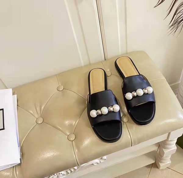 

2022 new summer fashion leather and pearl women's slippers 35-43, Black