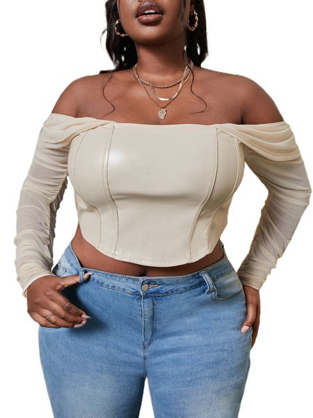 

plus off shoulder sheer mesh sleeve patent crop j9gf#, Black