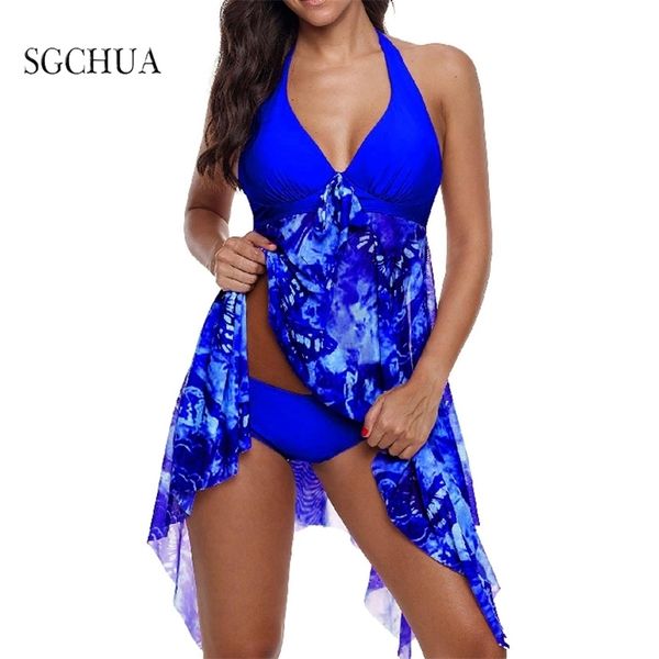 Frauen Sommer Unregelmäßige Gepolsterte Bademode Print Halter Schwimmen Kleid Strand Tragen Zwei Stück Badeanzug Badeanzug Plus Größe Tankini 220620