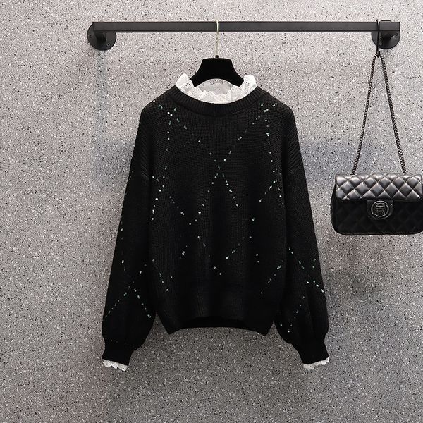 

plus size embroidered patchwork elegant women sweater oversized knitted basic pullovers o neck loose soft female knitwear jumper, White;black