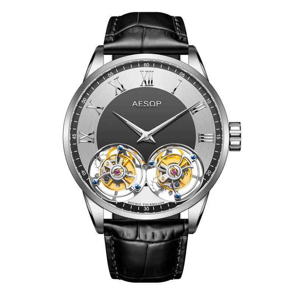 

swiss new zhentuoflywheel mechanical watch double flying wheels high-end busins belt luminous waterproof men's watch, Slivery;brown
