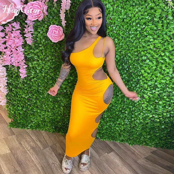 

2022 sleeveless one-shoulder bodycon solid hole hollow out dress summer women fashion streetwear party club y2k, Black;gray