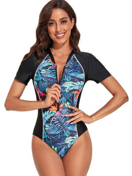 

tropical print zip front one piece swimsuit u2bd#, White;black
