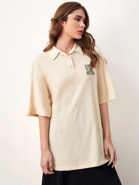 

slogan graphic drop shoulder polo neck tee y8ts#, White