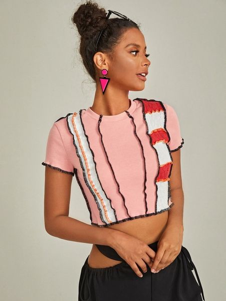 

ribbed knit color block stitching crop tee d2ym#, White