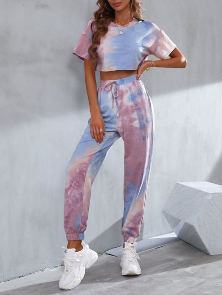 

tie dye drop shoulder crop tee & sweatpants v9ci#, White