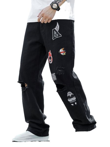 

men fire & letter patched detail ripped straight leg jeans u10m#, Blue