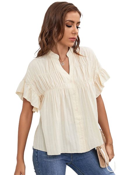 

f.lounce s.leeve b.utton f.ront r.uched b.louse 04ym#, White