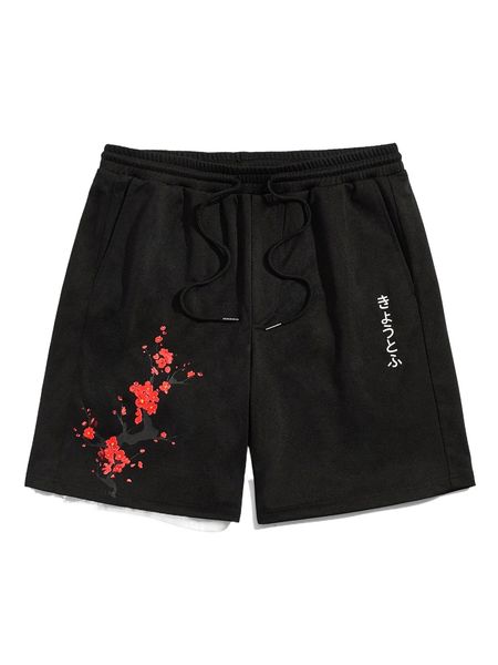 

men floral & japanese letter graphic shorts c7p7#, White;black