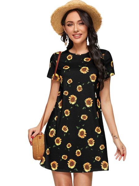 

sunflower print tee dress j2jl#, Black;gray