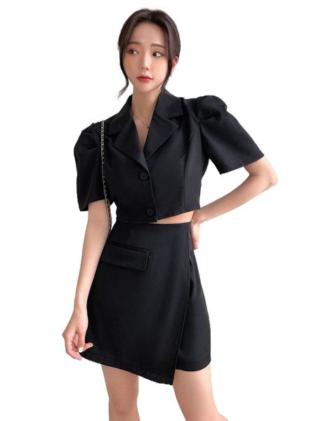 

dazy single breasted puff sleeve & flap detail skirt t337#, White