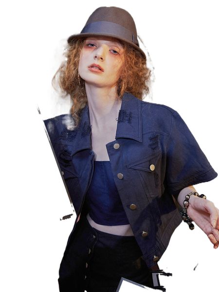 

x the pearl collective ripped flap detail crop jacket i1mi#, Black;brown