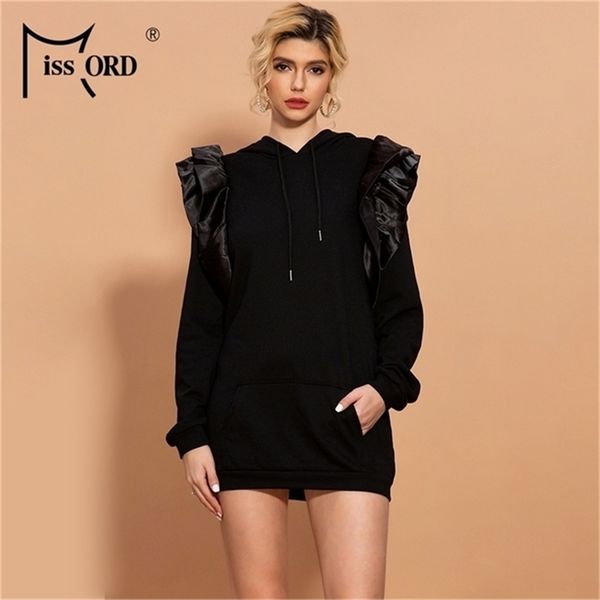 

missord spring solid color highstreet women hoodies pullover ruffles casual hoodies with pocket sweatshirt mm3152 201208, Black