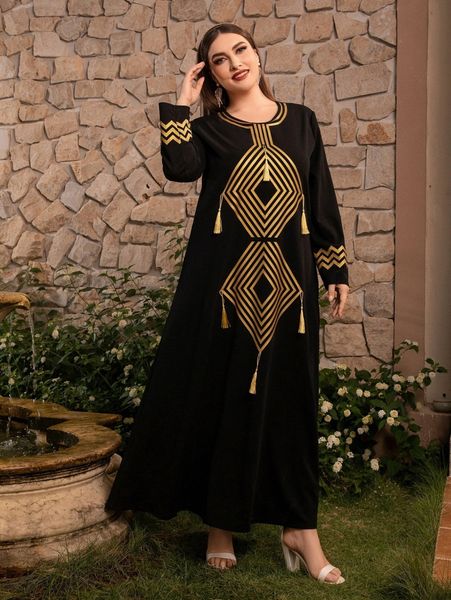 

plus argyle & chevron print tassel detail tee dress z4j8#, Black