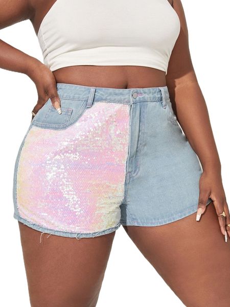 

plus contrast sequin denim shorts r9qn#, White;black