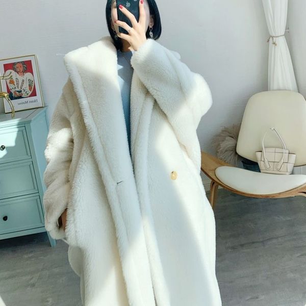 

designer's women's wool coat winter new solid color teddy bear mid-length alpaca fur silhouettejacket women, Black