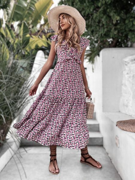 

random ditsy floral print ruffle trim dress v72v#, Black;gray