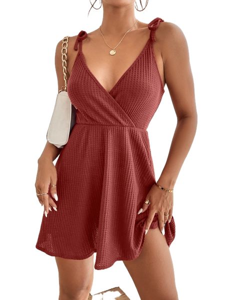 

petite tie shoulder waffle knit cami dress z1na#, Black;gray