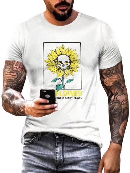 

men sunflower & slogan graphic round neck tee l5xd#, White;black