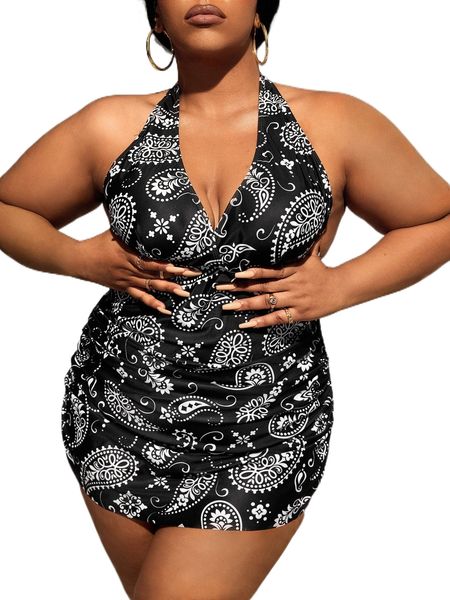 

plus paisley print halter bikini swimsuit k2h2#, White;black