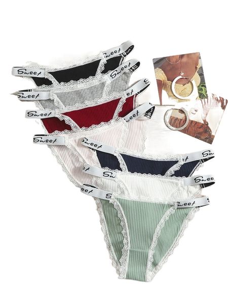 

7pack letter tape contrast lace panty 04nl#, Black;red