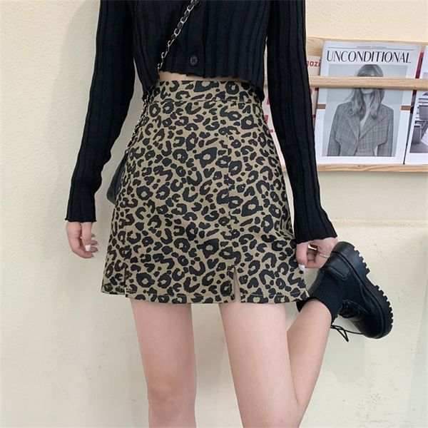 

jxmyy autumn korean version high waist slim a-line skirt leopard skirt female retro skirt 210412, Black
