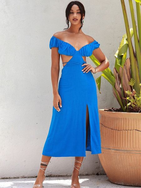 

love&lemonade off shoulder tied open back dress k1ia#, Black;gray